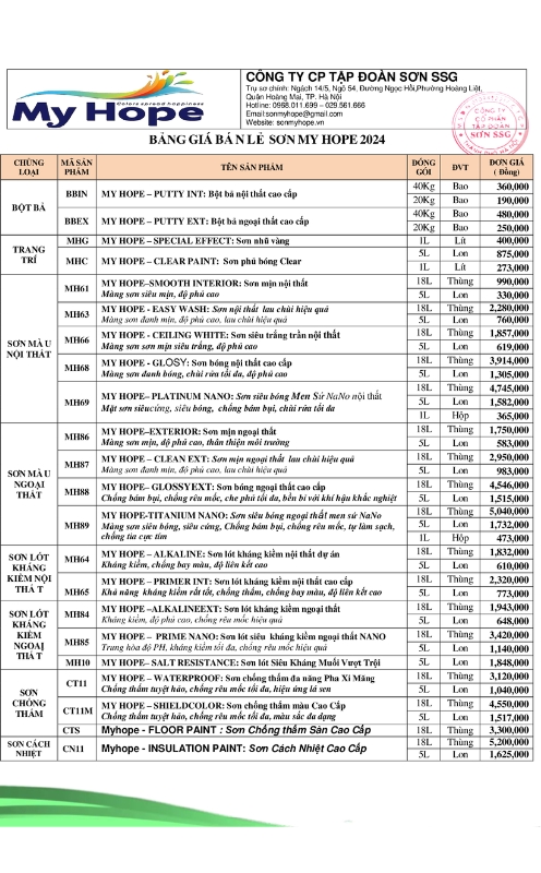 Bảng giá sơn lót ngoài trời mới nhất của Sơn Myhope